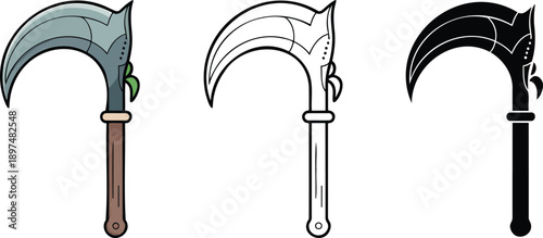 Sickle silhouette & Outline and illustration set isolated on transparent background