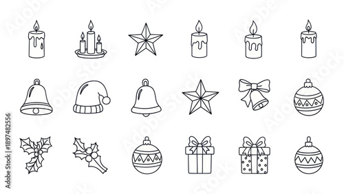 Christmas Icons Set: Candles, Stars, Bells, Santa Hat, Bows, Ornaments, Gift Boxes, Holly