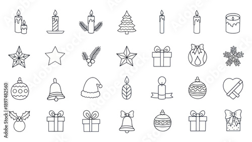 Christmas Icons Set: Candles, Stars, Ornaments, Gifts, Bells, Santa Hat & Tree - Line Art