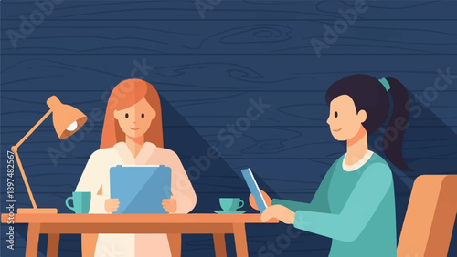 Two women work on laptops at a wooden table with a lamp and coffee