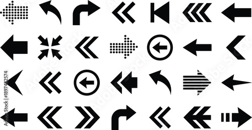 Collection of various black arrow icons on white background for navigation and direction