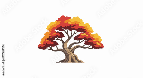 Autumn tree with vibrant red, orange, and yellow foliage on a white background