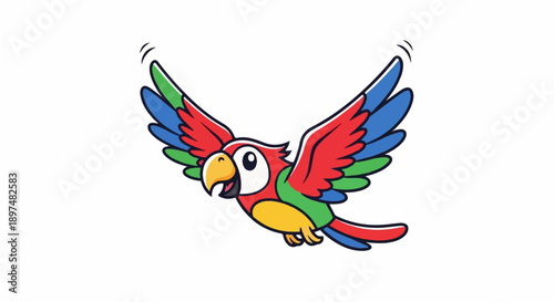 A vibrant, cartoon parrot soars with wings spread, in a cheerful flight
