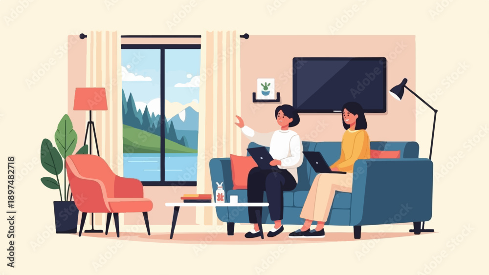 Fototapeta premium Two women work on laptops in a living room with a scenic view