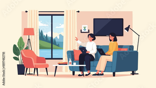 Two women work on laptops in a living room with a scenic view