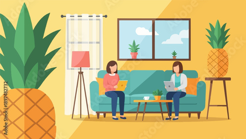Two women work on laptops in a living room with pineapples
