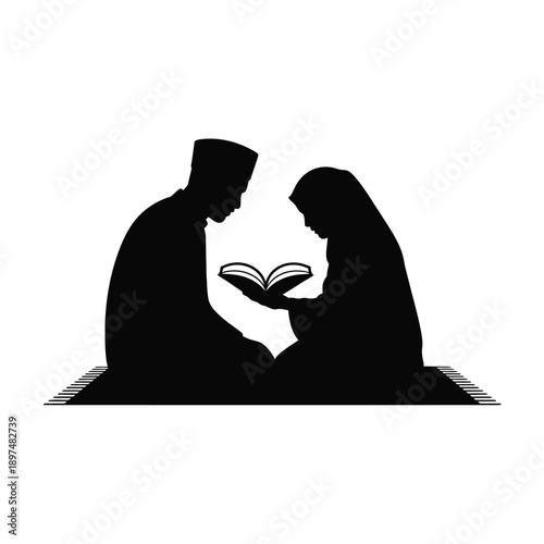 Two silhouettes of a couple reading a book together in a serene setting isolated on white background, Vector, illustration