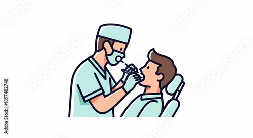 A dentist in a mask and cap examines a patient's teeth using tools
