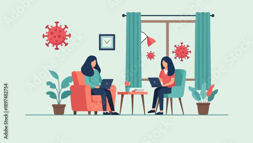 Two women work on laptops in a room with coronavirus imagery