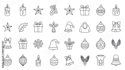 Christmas Icons Set: Ornaments, Gifts, Candles, Bells, Stars, Santa Hat, Holly