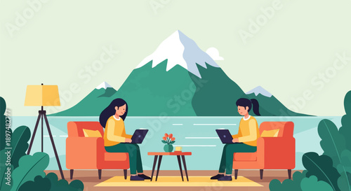 Two women work on laptops in comfortable chairs by a serene lake with snowy mountains