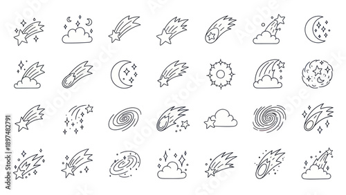Collection of Celestial Icons: Shooting Stars, Galaxies, Moon, Clouds, and Sun
