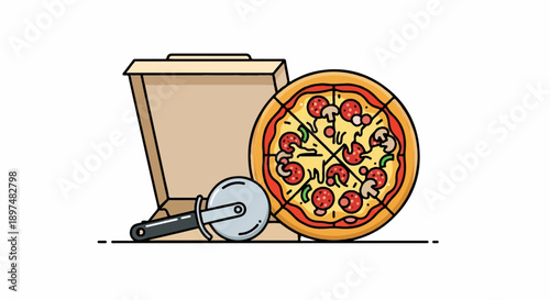 A sliced pizza sits beside its box and a pizza cutter