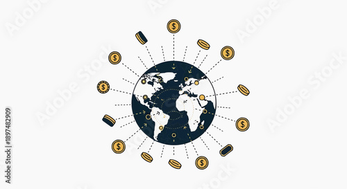 Global financial system illustrated with coins orbiting the Earth, symbolizing international commerce and economic exchange