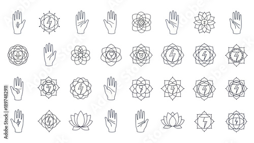 Collection of Line Art Yoga Symbols: Hands, Chakras, Lotus Flowers, Lightning Bolt