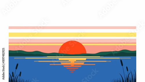 Vivid sunset over tranquil water with reeds and distant hills