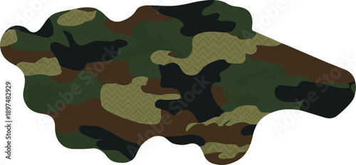Irregularly shaped patch with a camouflage pattern in greens, browns, and black, featuring a zigzag texture