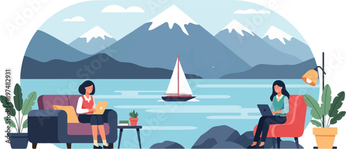 Two women work on laptops near a lake with mountains and a sailboat