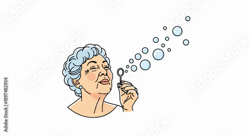 Elderly woman blowing a stream of iridescent bubbles from a wand