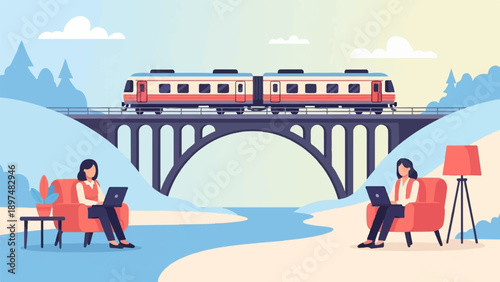Two women work on laptops near a river, with a train crossing a bridge above