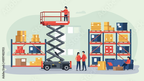 Warehouse interior with scissor lift, shelving, boxes, and people relaxing