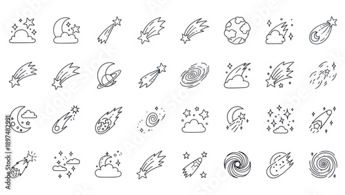 Collection of stylized shooting stars, comets, planets, and galaxies in a line art style