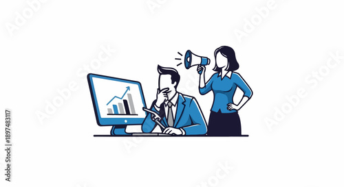 A man at a computer with a graph looks stressed while a woman with a megaphone stands behind him