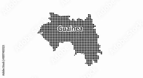A black and white dotted map outline of Guinea with the country name centered
