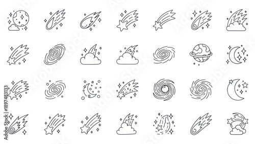 Cosmic Icons: Meteor Showers, Galaxies, Planets, Moon, Stars, Clouds - Line Art Set