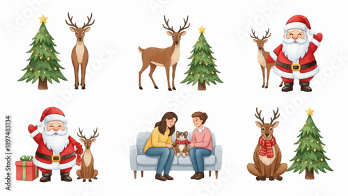 Watercolor-style Christmas illustrations featuring Santa, reindeer, trees, and a family with a dog