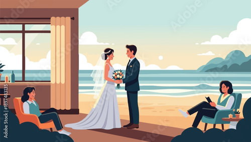 Wedding ceremony by the sea with guests relaxing indoors and outdoors