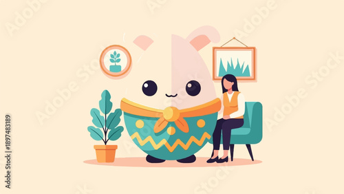 Whimsical animated character sits next to a person on a couch indoors