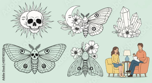 Whimsical celestial and nature-inspired illustrations with two people in a counseling session