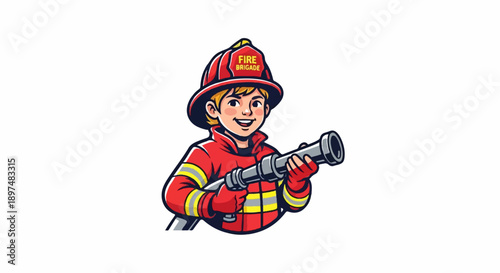 Animated child firefighter in uniform holding hose, ready to spray water