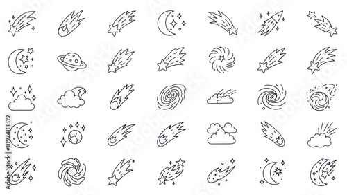Cosmic Icons: Meteors, Moons, Stars, Galaxies, Planets, and Clouds - Vector Set