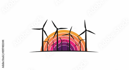 Silhouette of wind turbines against a vibrant, segmented rainbow sunset