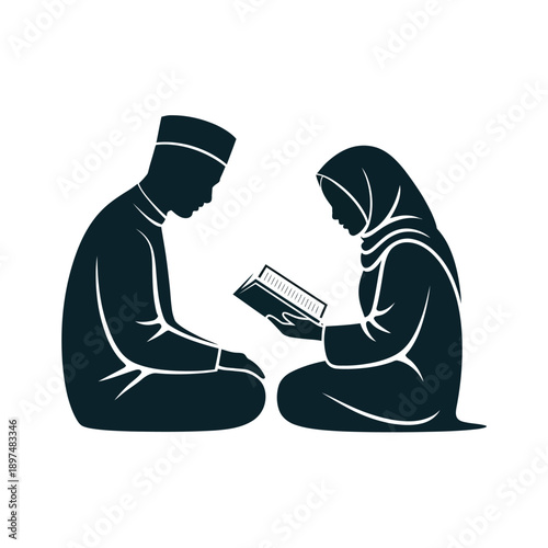 A couple engaged in prayer together, with a book open in front of them. isolated on white background, Vector, illustration