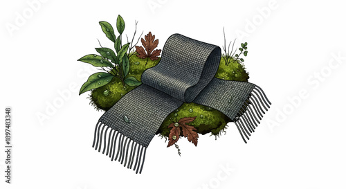 A cozy, damp scarf rests on mossy earth with leaves and greenery