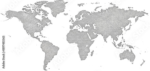 A stippled world map showing continents with tiny dots forming landmasses against a white background