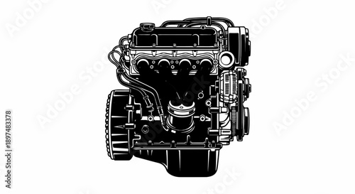 Detailed black and white illustration of an internal combustion engine with manifold