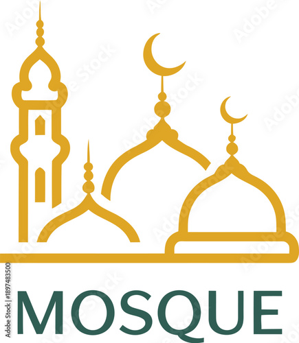 Golden Mosque Icon with Minaret and Crescent Moon for Islamic Holidays