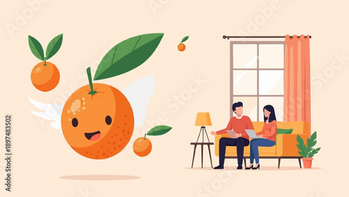 Whimsical orange with wings flies near a couple using technology indoors
