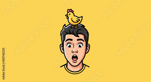 Cartoon boy with big surprised eyes and mouth open, yellow chicken on head