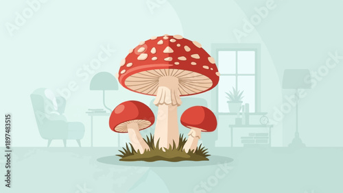 Whimsical red and white spotted mushrooms in a softly lit room