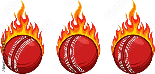 Three fiery cricket balls on a white background