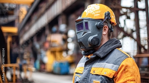 Welder in protective mask, hard hat and uniform standing in an industrial workshop, exemplifying workplace safety, skilled metalwork and professional manufacturing environment