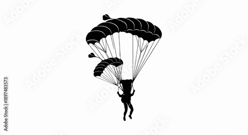Silhouettes of skydivers descending with multiple parachutes against a white background