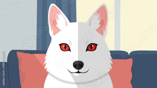 White arctic fox with piercing red eyes sits indoors on a blue couch