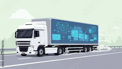 White truck on highway displays futuristic digital logistics interface on trailer