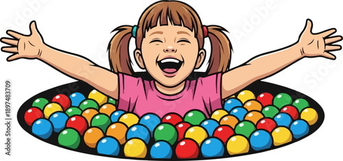 Young girl with arms wide open, joyful in a pool of colorful balls